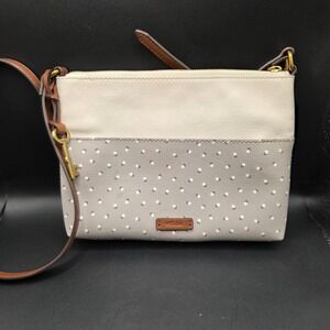 Fossil Polka Dot Crossbody Bag Grey Cream Faux Leather Small Messenger Purse